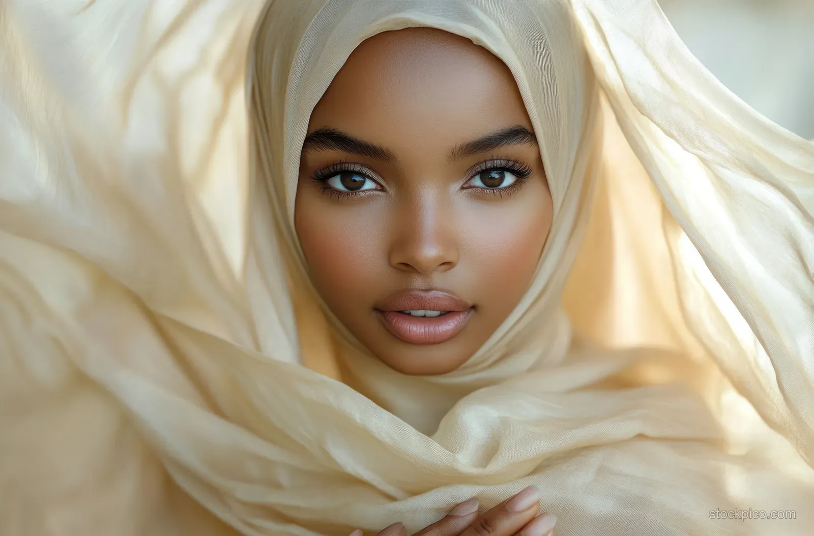 Confident Middle Eastern woman in a pastel hijab poses in soft beige light, looking at the camera.