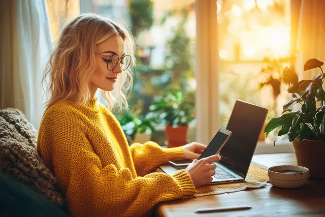 Woman in a yellow sweater uses a smartphone and laptop at a home table with warm window light.