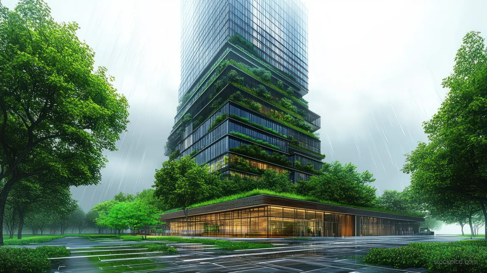 A tall eco-friendly building and its plant-covered terraces rise above a rainy urban park with trees and wet ground.