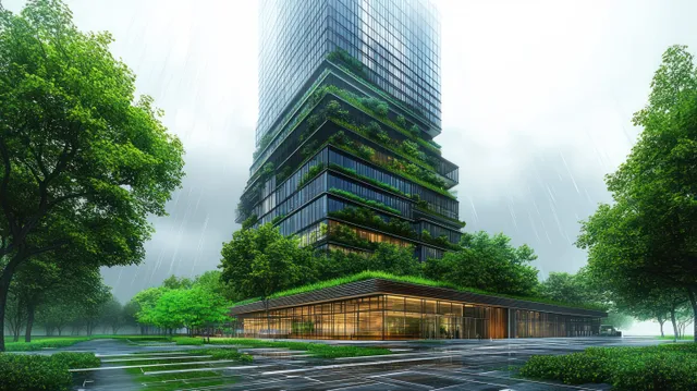 A tall eco-friendly building and its plant-covered terraces rise above a rainy urban park with trees and wet ground.