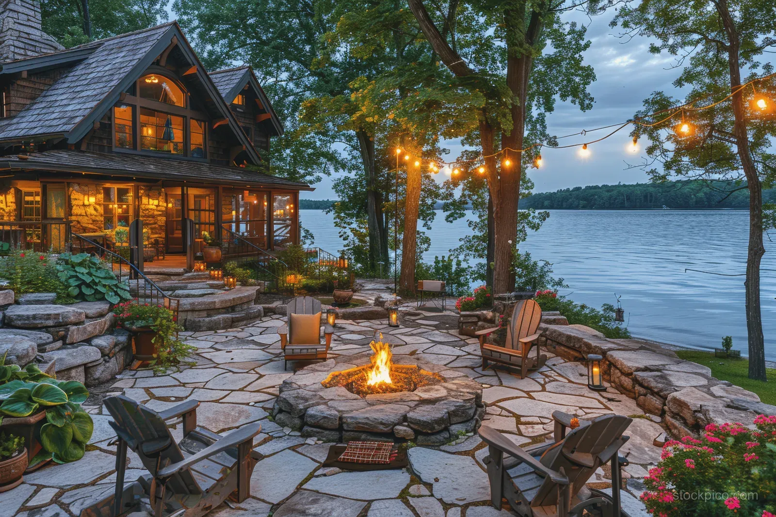 Lakefront patio with glowing stone fire pit, outdoor chairs, warm string lights, and trees overlooking the water at dusk.