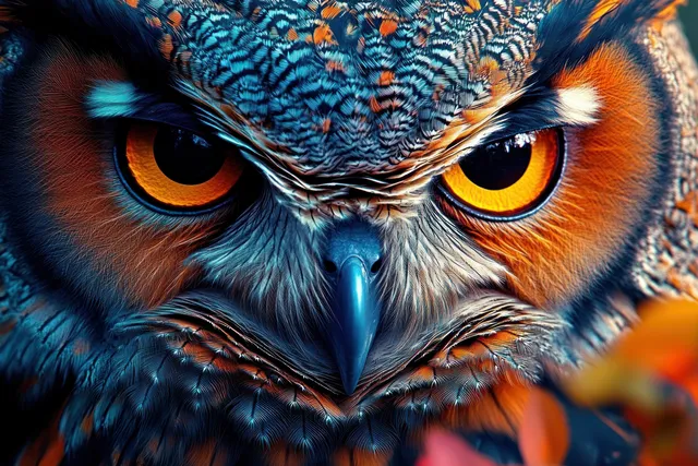 Colorful owl close-up portrait with glowing eyes, detailed feathers, and dramatic surreal lighting.