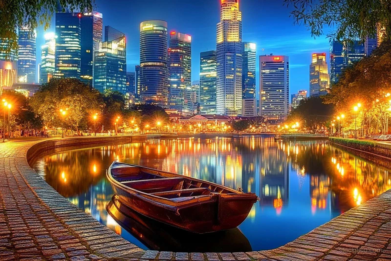 Illuminated skyscrapers reflect in a calm river as a moored boat rests by a lit cobblestone embankment at dusk.