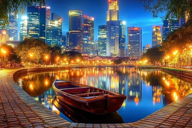 Twilight city skyline with illuminated skyscrapers reflected in a calm river beside moored boat
