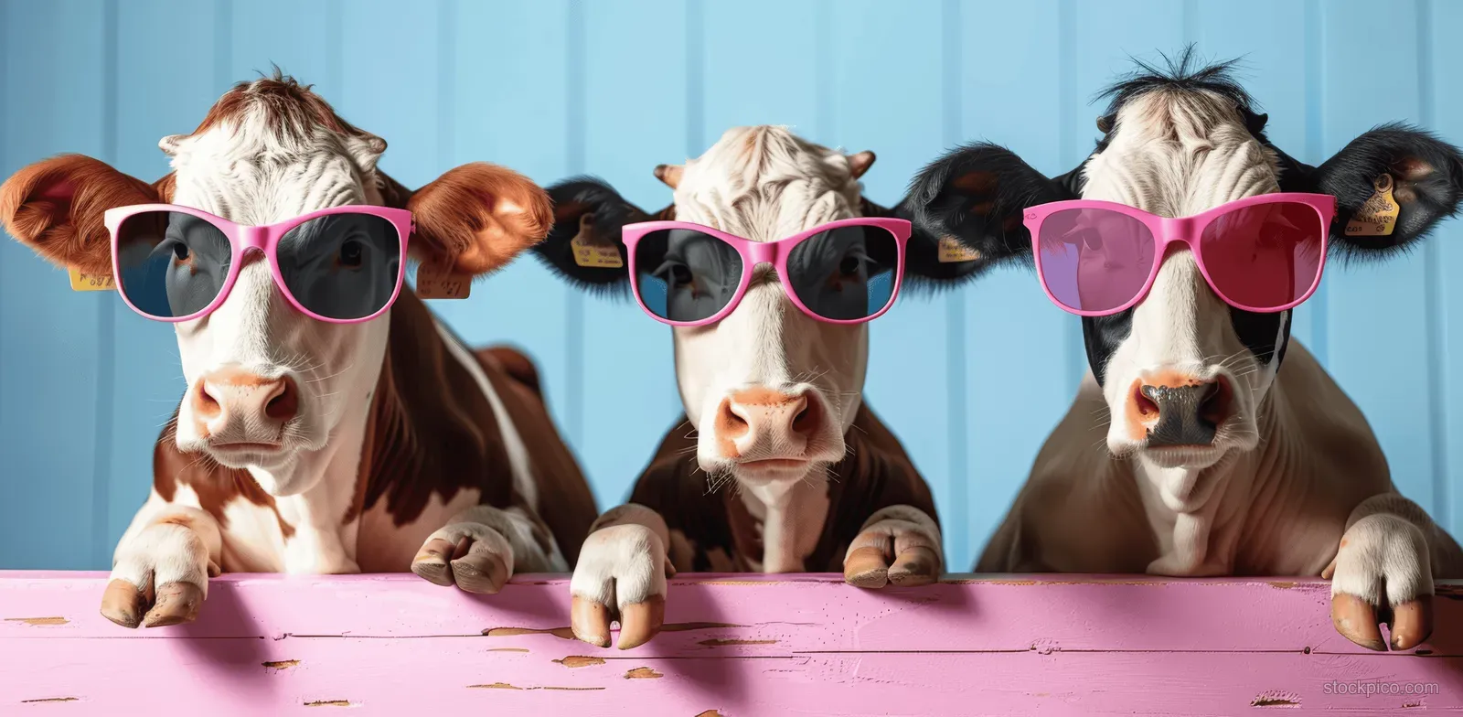 Three cows wearing pink sunglasses rest behind a pink wooden fence with a blue background behind them.