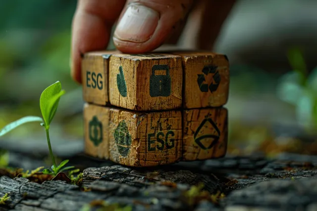 A hand holds wooden blocks marked ESG and sustainability icons while a small green sprout grows nearby.