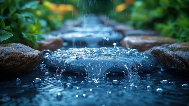 Rainwater splashes across a stone path with crisp droplets and wet surface texture