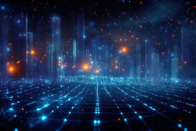 Futuristic digital city at night with glowing grid floor, luminous skyscrapers, and floating light particles under stars.