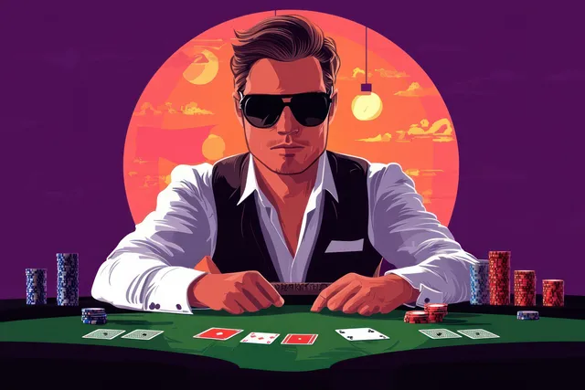 Sunglasses man in vest sits at a poker table with cards and chips under a hanging bulb and sunset backdrop.