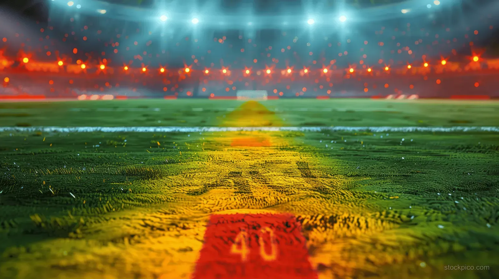 Neon-lit soccer pitch in a 3D stadium with glowing A40 markings and a Germany-themed lighting atmosphere.