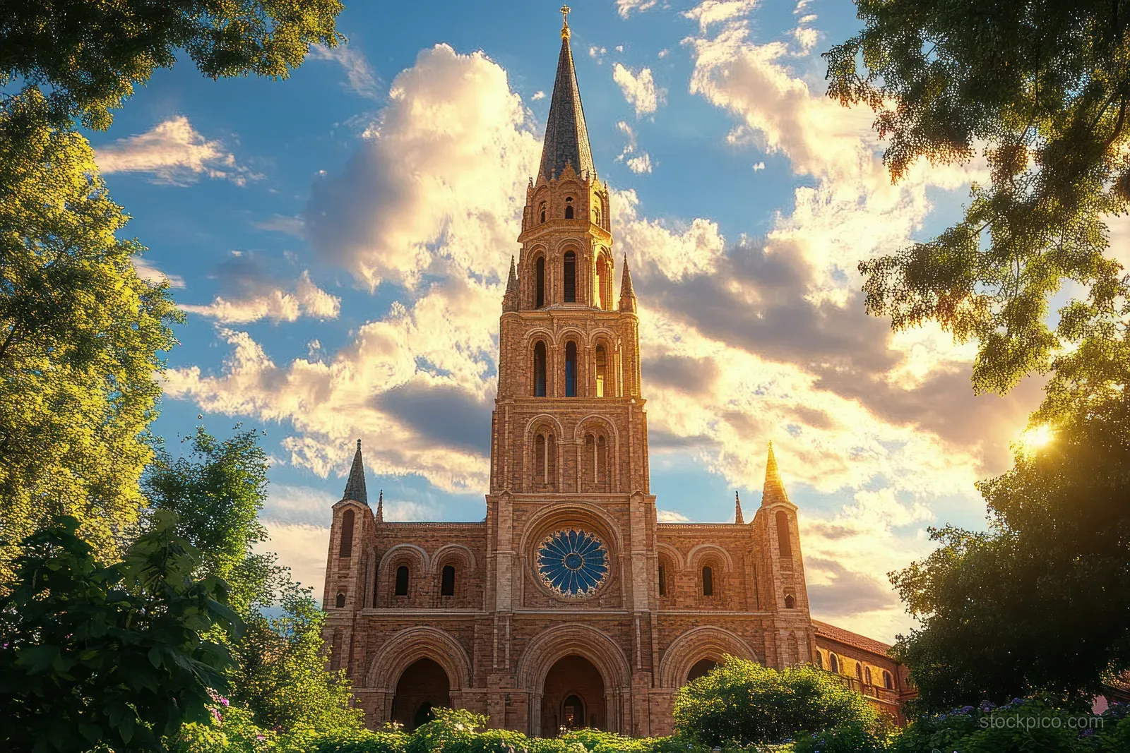Historic stone church with a tall spire and smaller towers, surrounded by trees under warm sunset clouds.