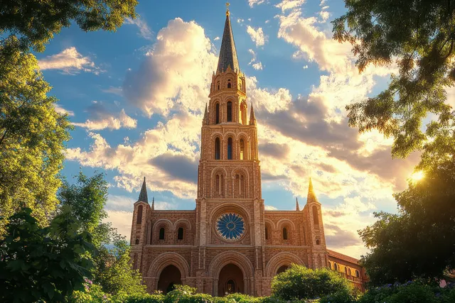Historic stone church with a tall spire and smaller towers, surrounded by trees under warm sunset clouds.