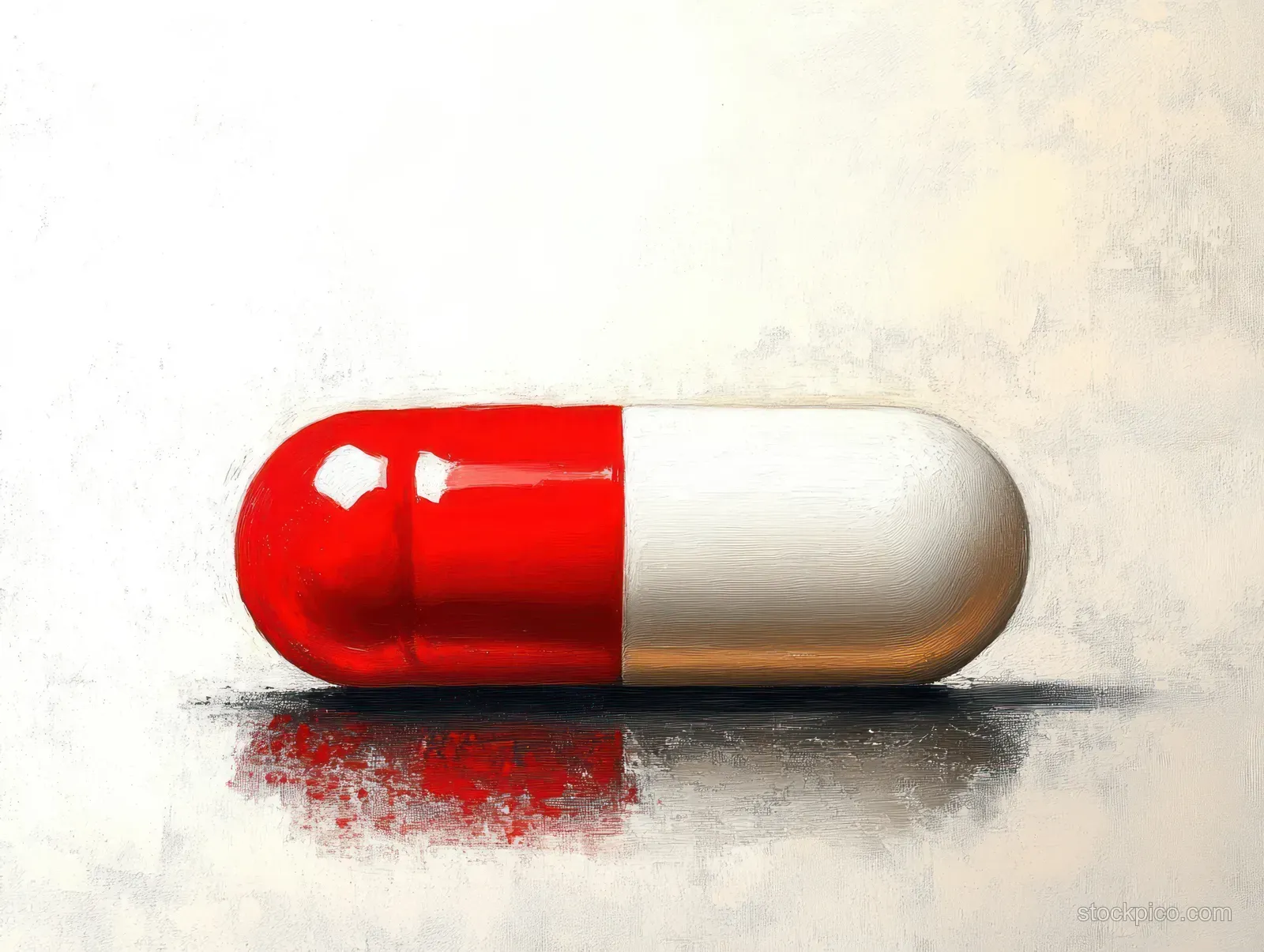 Red and white capsule pill lying on a textured surface with a soft reflected highlight.