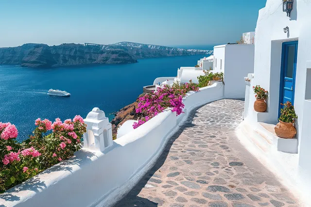 Curved Stone Walkway by White Cliffside Homes with Blue Doors and Ocean Views