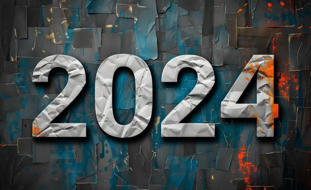 Silver 3D 2024 numbers on a dark paper texture background with orange confetti pieces around them.