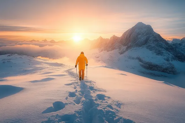 Solo hiker in orange winter gear walking on snowy mountain trail at sunrise