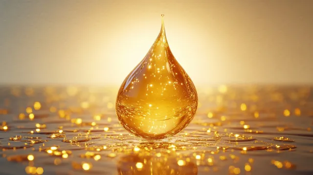 Golden droplet serum glows above scattered glittering beads on a warm soft background.