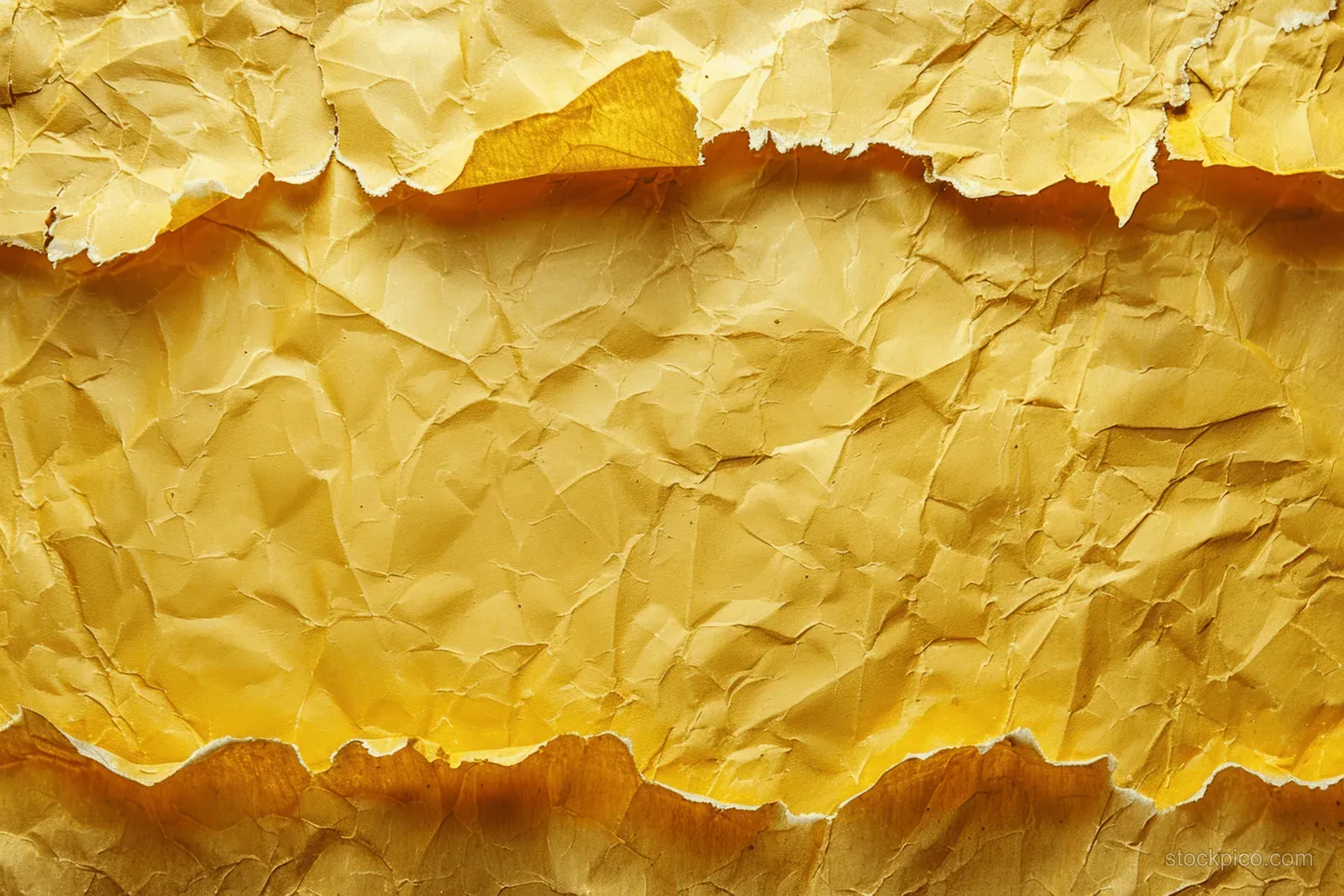 Crumpled yellow textured surface with rough creases and layered edges under warm light tones.