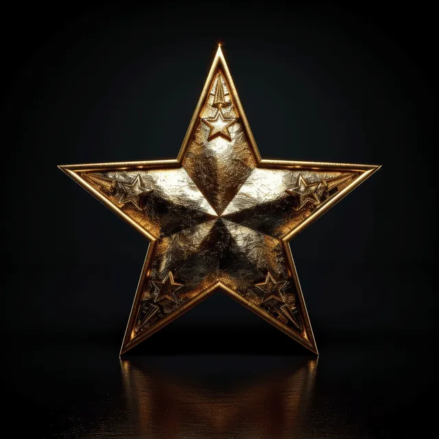 Un icono de estrella dorada reflectante de cinco puntas centrado sobre un fondo oscuro con una suave sombra especular.