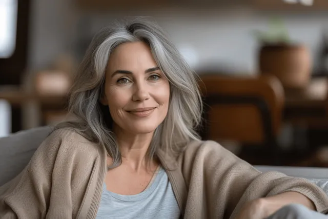 Smiling mature woman relaxing on a couch in a bright living room