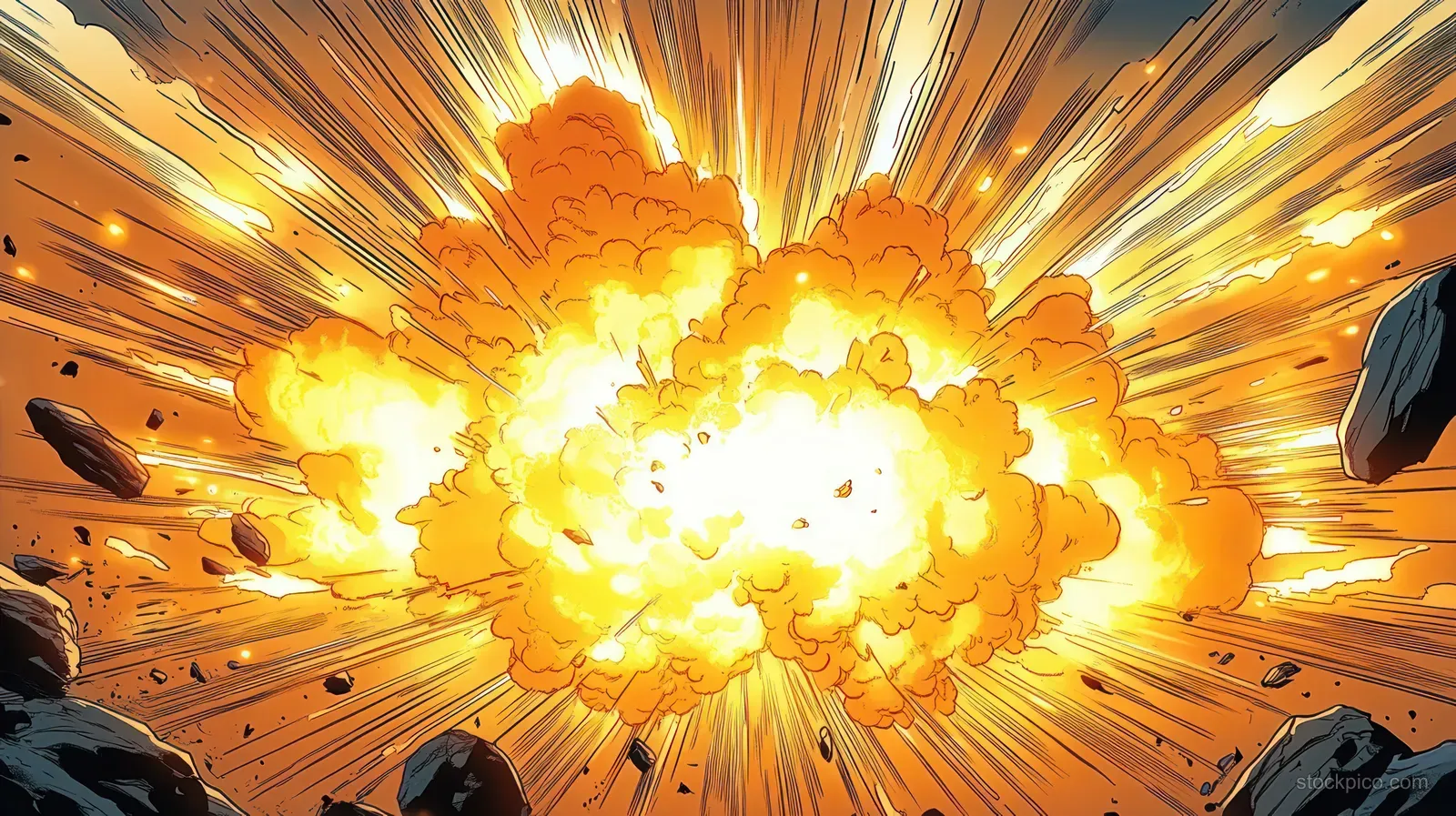 A central fireball explosion bursts outward, throwing smoke and rock fragments in radiating shockwave streaks.