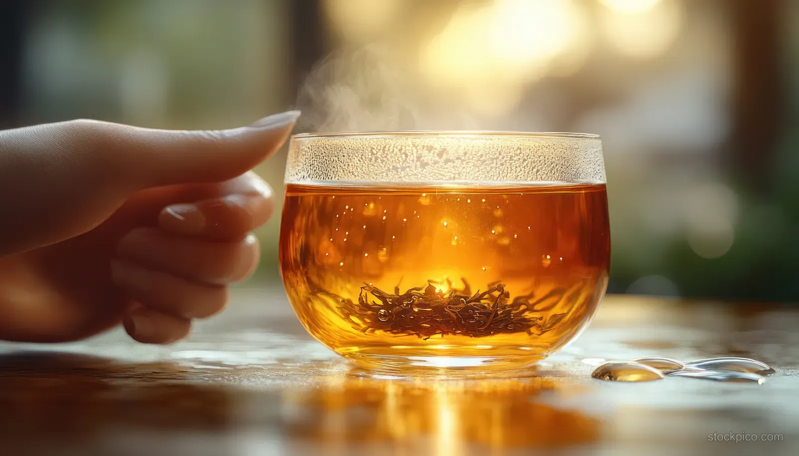 A hand pours black tea into a clear glass cup on a polished wooden table with visible dry tea leaves.