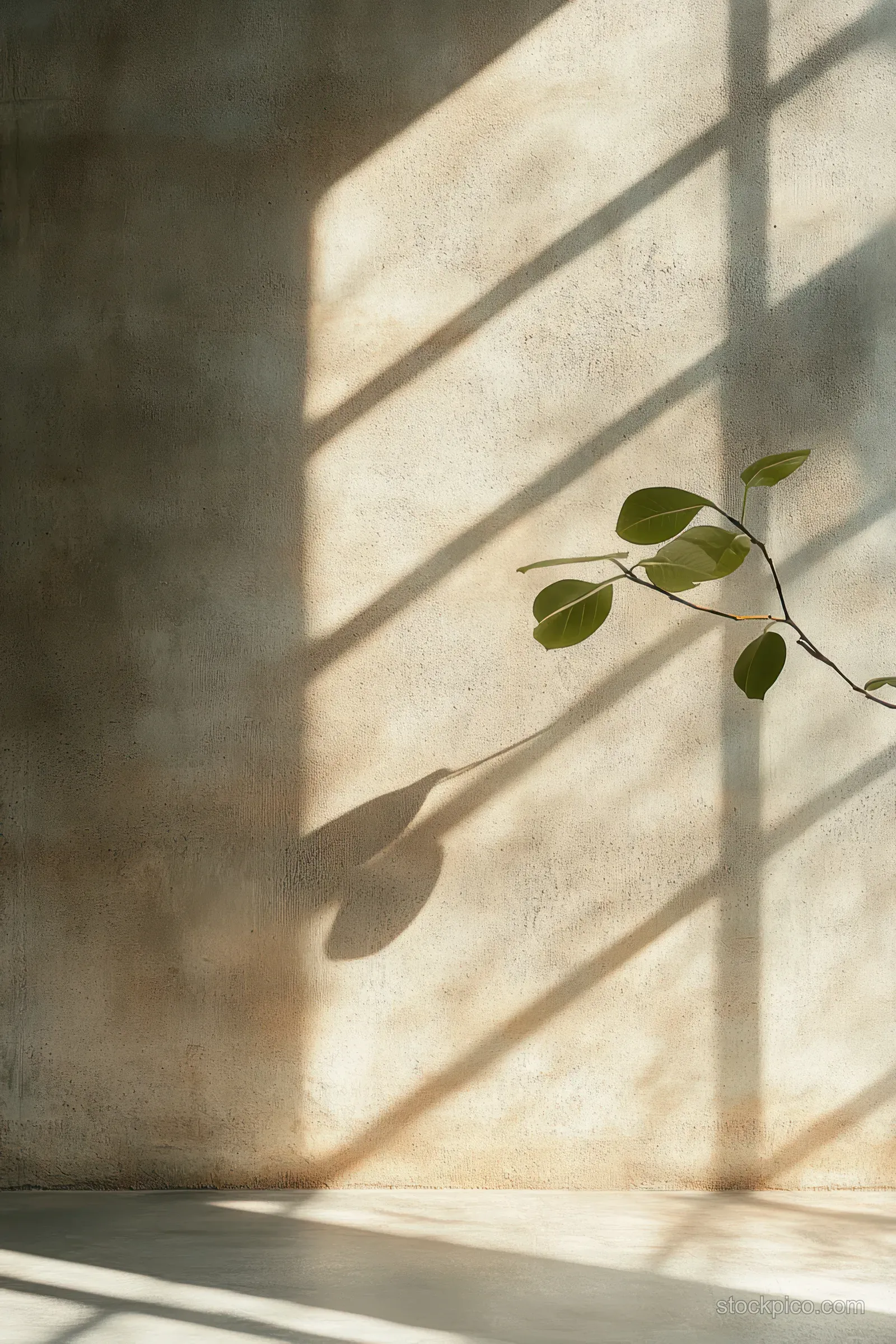 A delicate green branch casts leaf shadows across a textured wall in soft window sunlight.