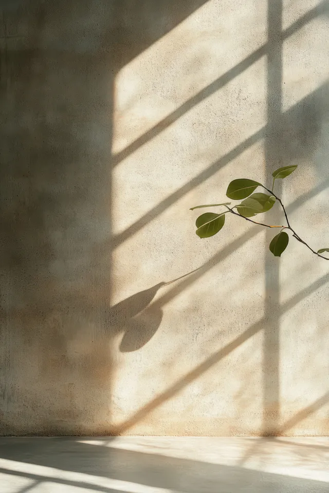 A delicate green branch casts leaf shadows across a textured wall in soft window sunlight.