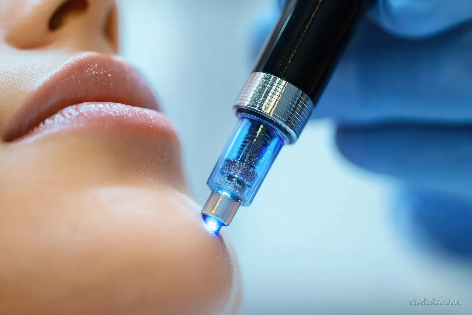 A microneedling pen dispenses serum on a client’s cheek during a facial treatment close-up.