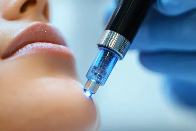 A microneedling pen dispenses serum on a client’s cheek during a facial treatment close-up.