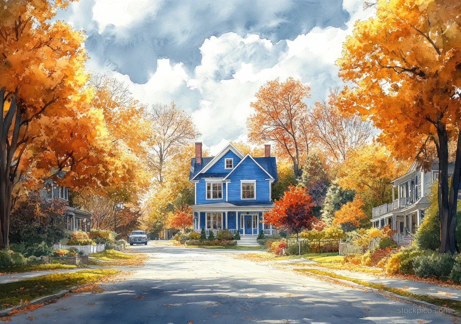 A blue house sits on a quiet suburban street lined with orange autumn trees beneath cloudy skies.