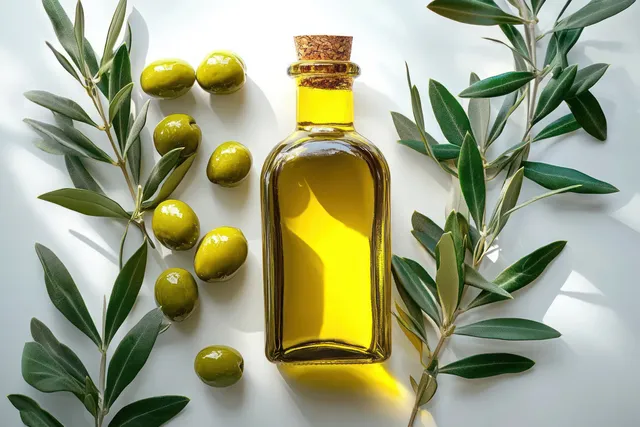 Glass bottle of golden olive oil with green olives and olive branches on a white surface.