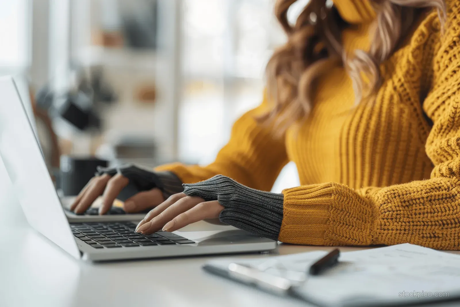 Businesswoman uses a calculator beside a laptop on an office desk with documents and charts nearby.