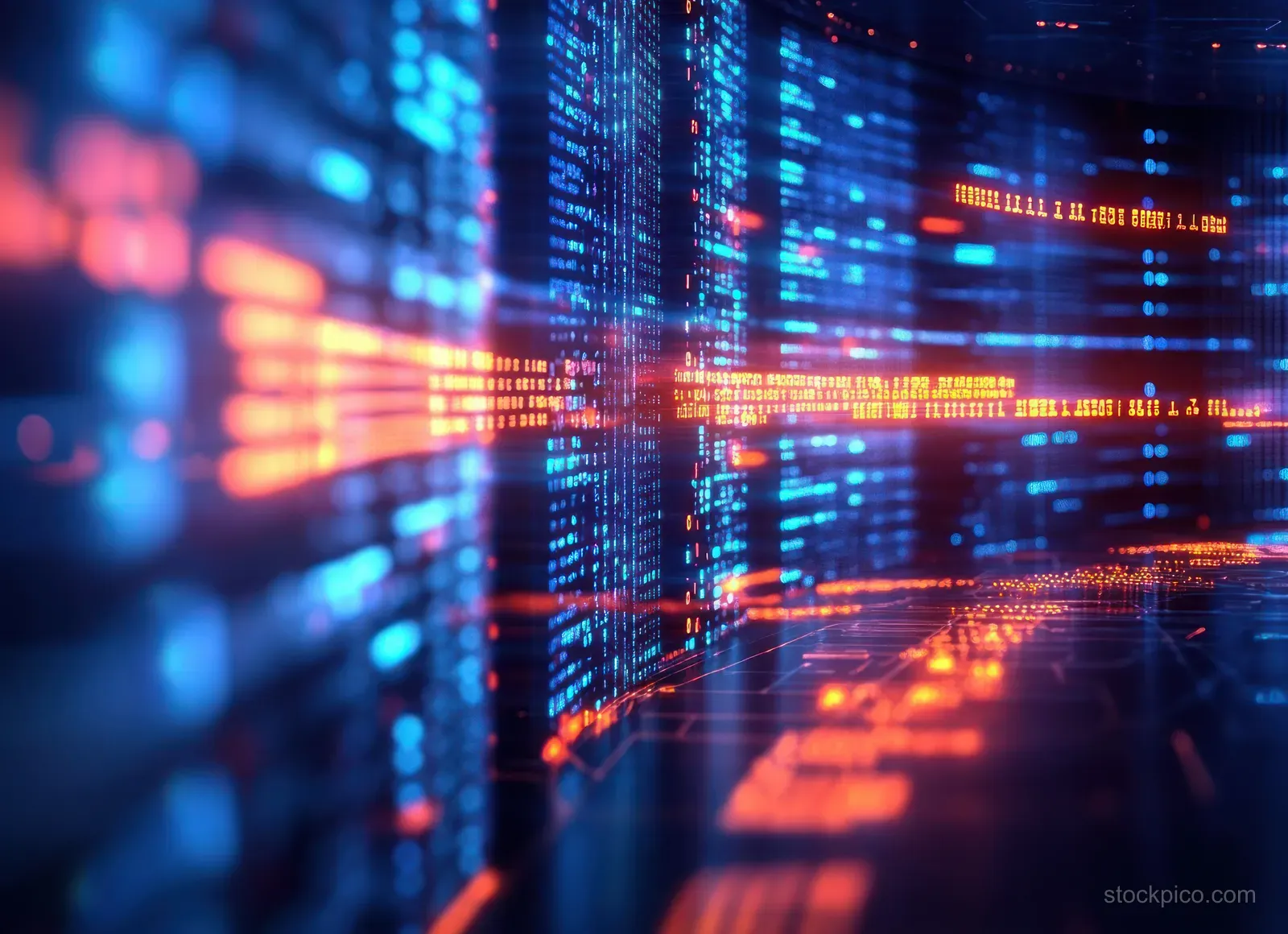 Neon-lit server racks glow with digital code and flowing data streams across a deep cyberpunk network corridor.