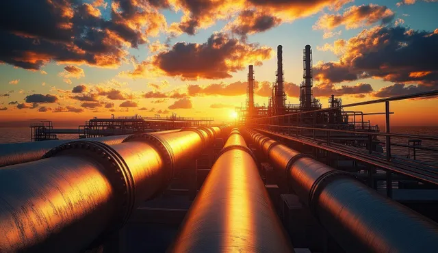 Oil pipeline network feeding a petrochemical plant at sunset with glowing flare stacks