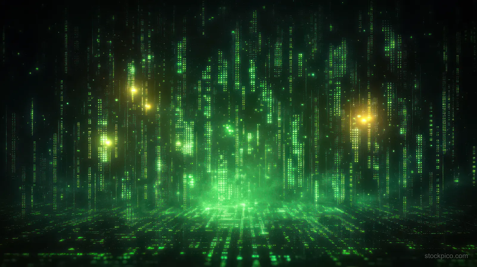 Green digital code streams cascade through a glowing matrix grid with faint yellow highlights in dark cyberspace.