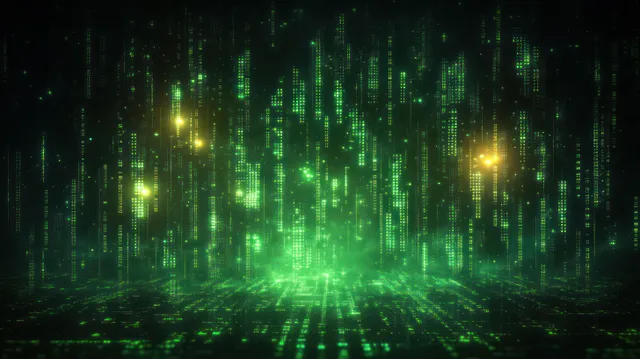 Green digital code streams cascade through a glowing matrix grid with faint yellow highlights in dark cyberspace.