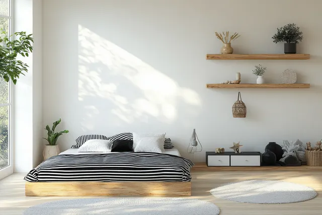 Scandinavian bedroom interior with striped linens, sunlit windows, and minimalist floating shelves
