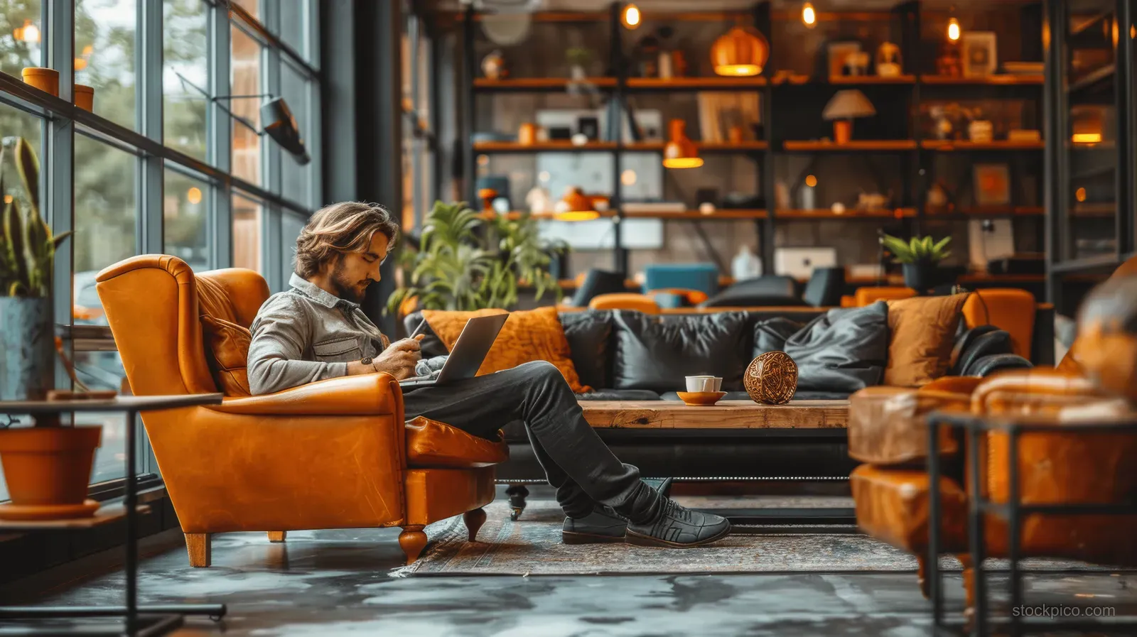 A person lounges in orange leather office chairs beside glass windows under warm pendant lights.