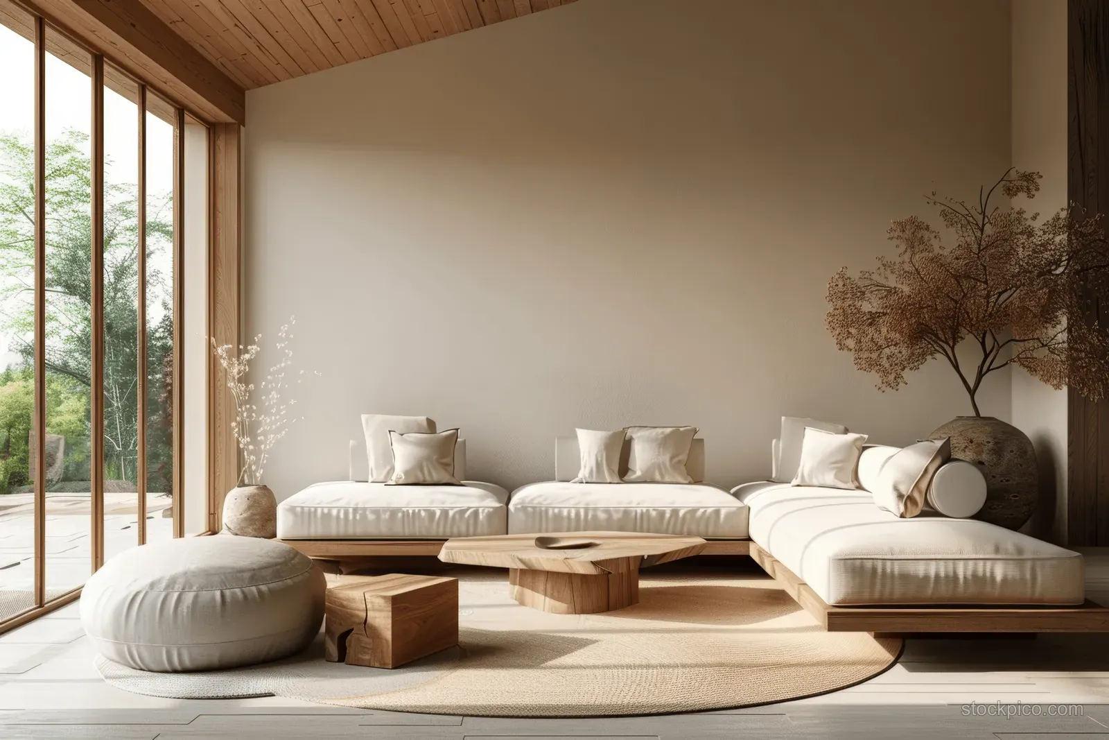 Japandi living room with beige sectional sofa, wooden furniture, and daylight coming through a large window.