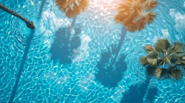 Blue pool water top view with palm shadows, sun ripples, and floating fronds