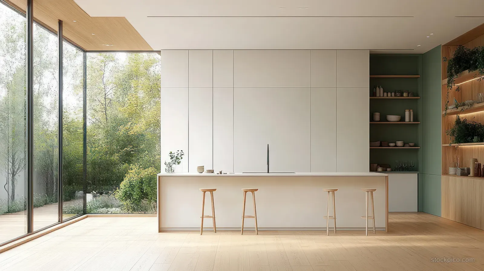 A minimalist living room with pastel green accents, warm wood flooring, and bright natural light from large windows.