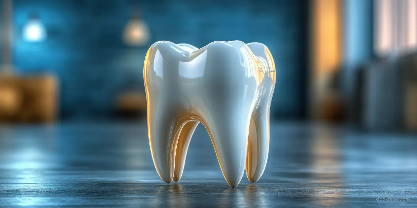 A glowing white tooth model stands on a glossy clinic floor with blurred dental supplies behind it.