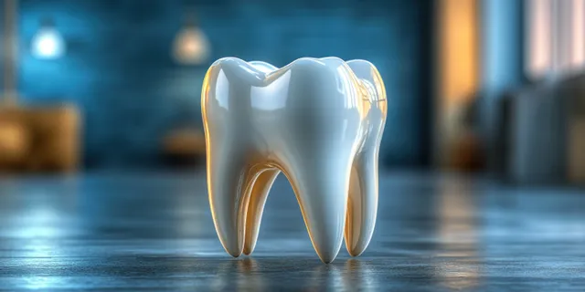 Tooth model standing on clinic floor with soft glow and blurred dental background