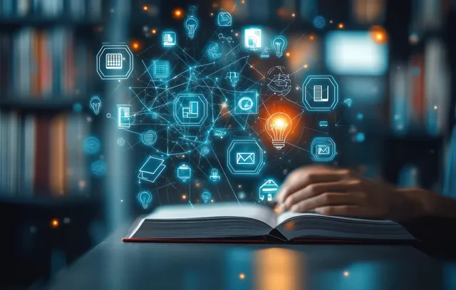 Open book with glowing education icons floating over a laptop-like screen at night