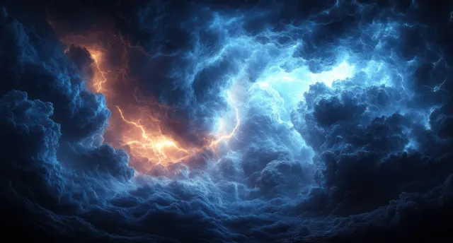 Dark storm clouds lit by bright lightning across a turbulent night sky.