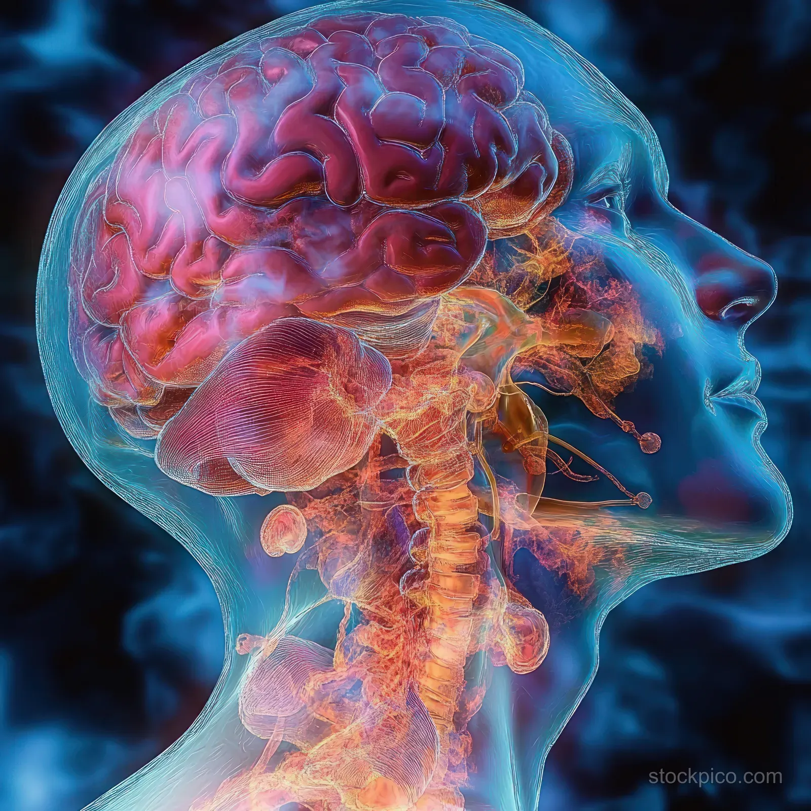 Glowing side-profile head with colorful brain and translucent respiratory system overlays in layered light.
