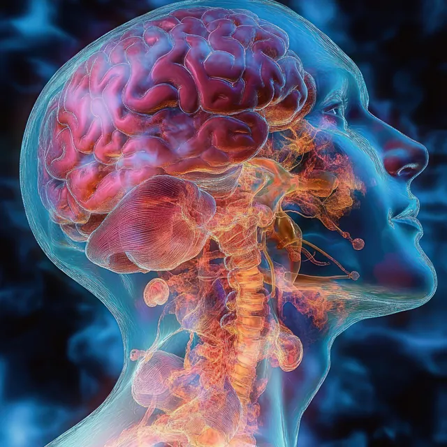 Glowing side-profile head with colorful brain and translucent respiratory system overlays in layered light.