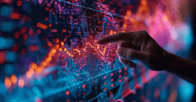 Business hand touching virtual trading screen with candlestick chart and glowing market data