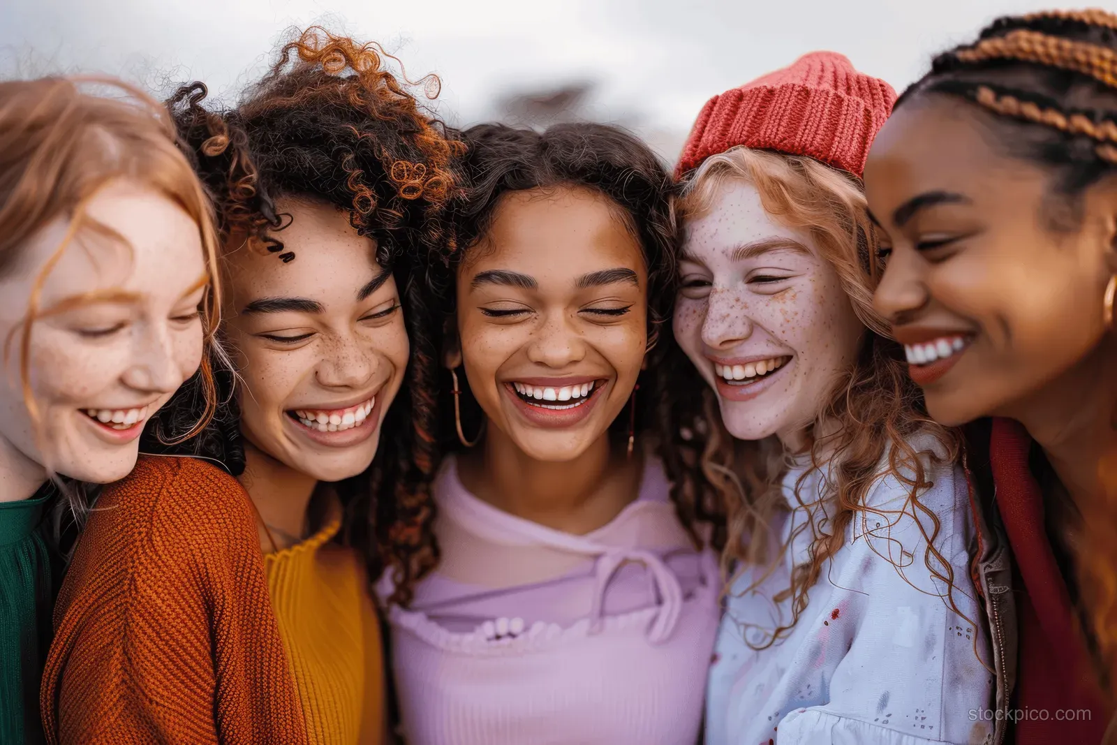 A close group of diverse teenage girls laughing and hugging outdoors in casual outfits.